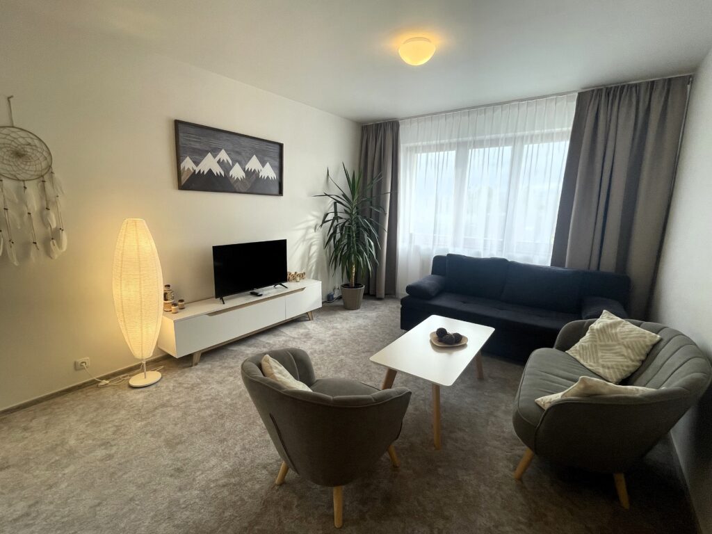 Obývacia izba Apartmánu Štandard s pohovkou a televízorom – Tatranský dom