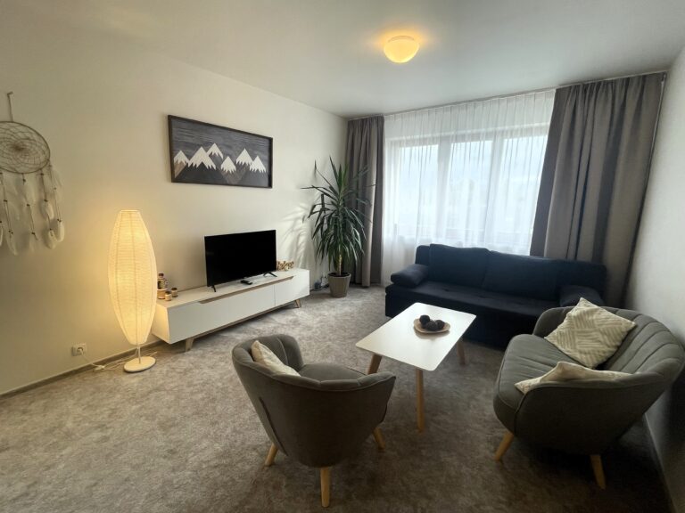 Obývacia izba Apartmánu Štandard s pohovkou a televízorom – Tatranský dom